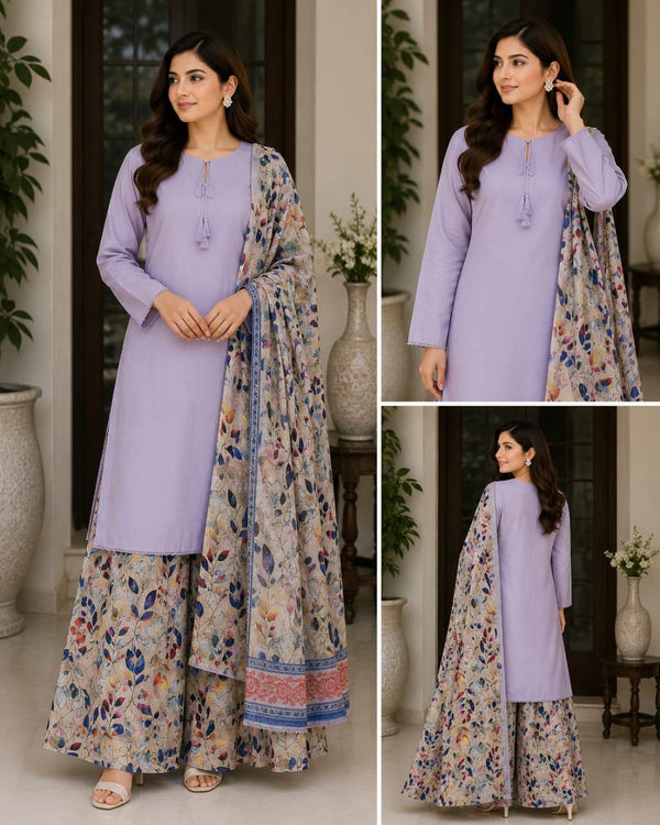Lawn stuff, plain shirt, duppata diamond stuff and full printed, plazo lawn cotton stuff and full printed with nice stitching and 3pc trending article
