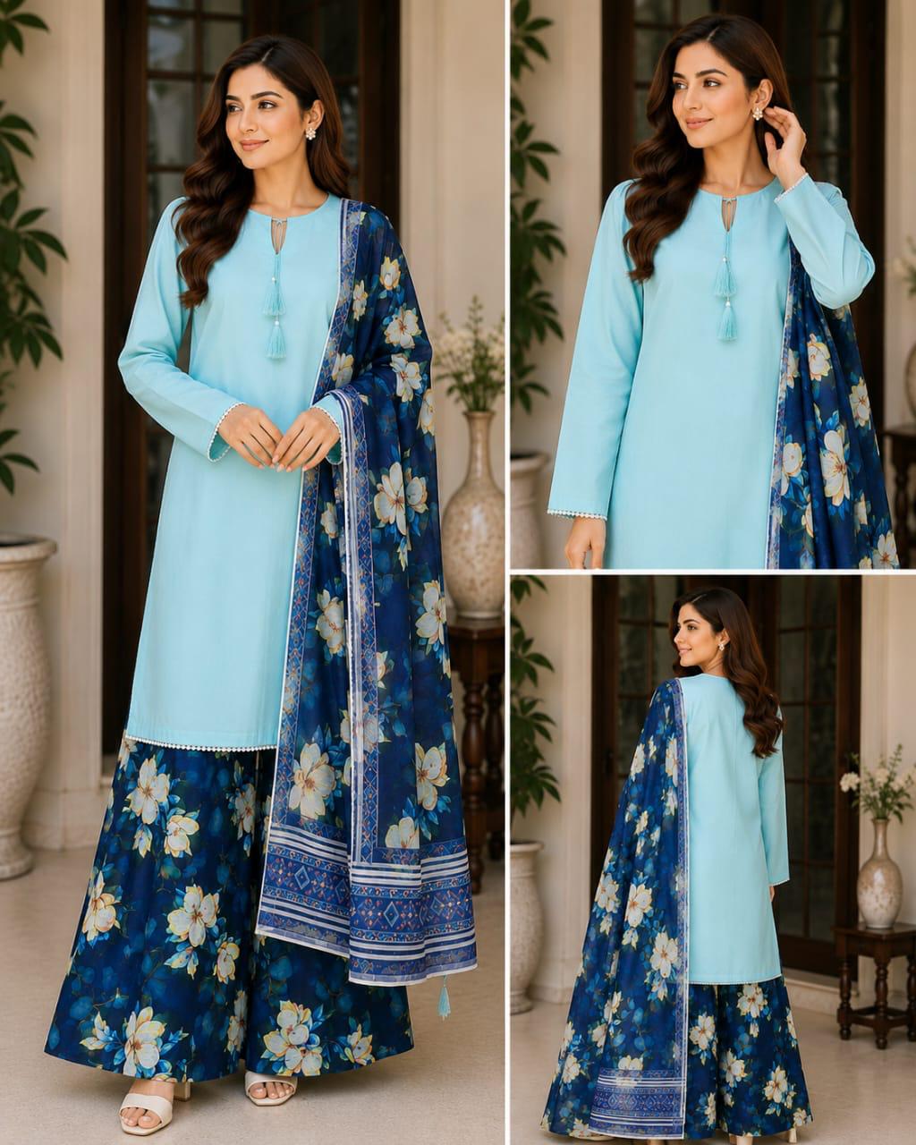 Lawn stuff, plain shirt, duppata diamond stuff and full printed, plazo lawn cotton stuff and full printed with nice stitching and 3pc trending article
