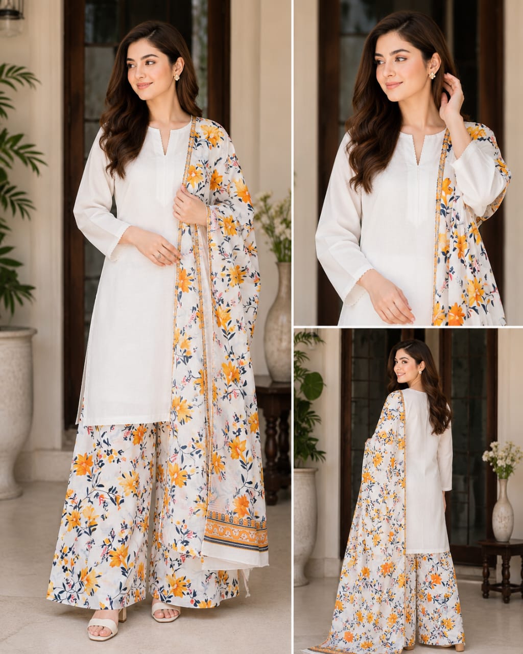 Lawn stuff, plain shirt, duppata diamond stuff and full printed, plazo lawn cotton stuff and full printed with nice stitching and 3pc trending article
