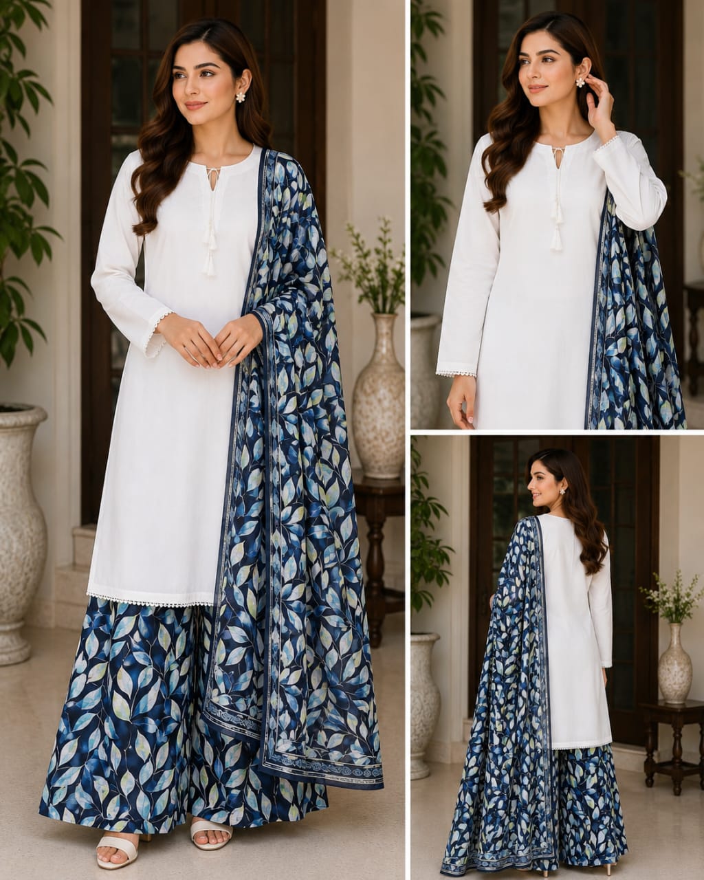 Lawn stuff, plain shirt, duppata diamond stuff and full printed, plazo lawn cotton stuff and full printed with nice stitching and 3pc trending article